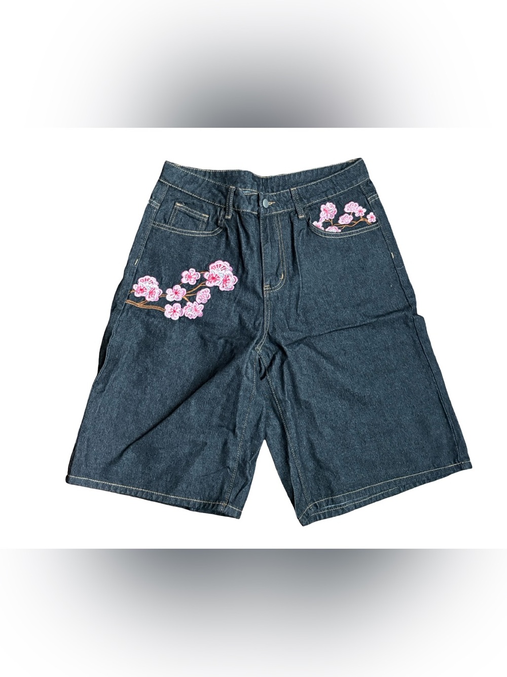 SHEIN Menโs Denim Shorts with Pink Floral Embroidery Size Medium